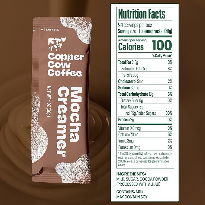 Copper Cow Coffee Sweetened Mocha Milk Creamer Singles (24 pack) | Vietnamese Inspired Coffee Creamer, All Natural Creamer Packets for Pour Overs & Lattes | No Refrigeration Needed