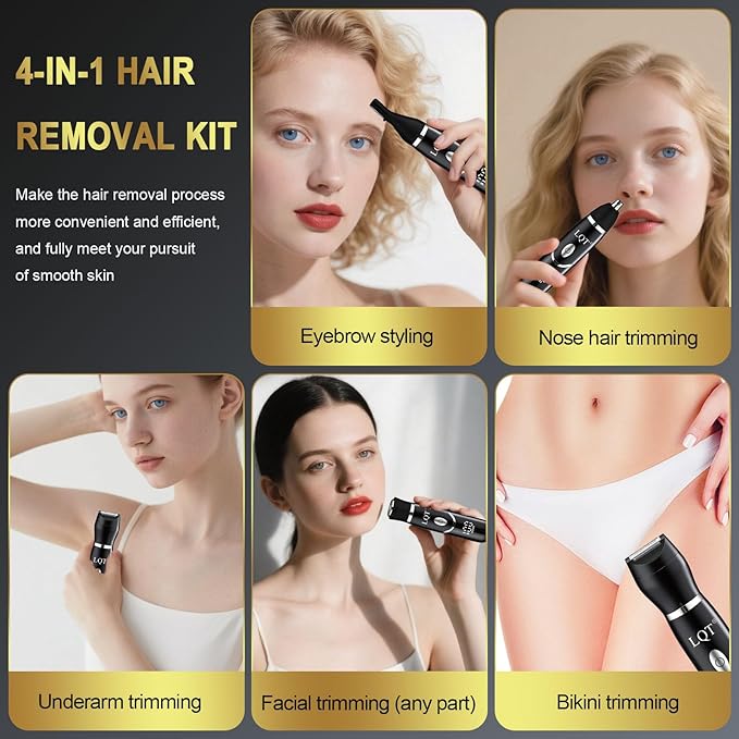 Electric Bikini Trimmer for Women,Led Power Display Removal for Body Nose Hair Trimmer Face Shavers Eyebrow Legs Armpit Bikini Area Pubic Underarms Rechargeable Portable 4 in 1 Womens Razors Set
