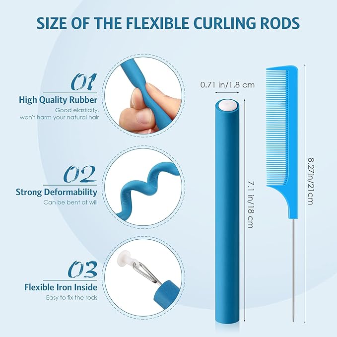 Syhood 30 Pieces Flexible Curling Rods Twist Hair Rollers Soft Foam Rods No Heat and 1 Pcs Steel Rat Tail Comb for Women Long and Short Hair(7 x 0.7 Inch,Blue)