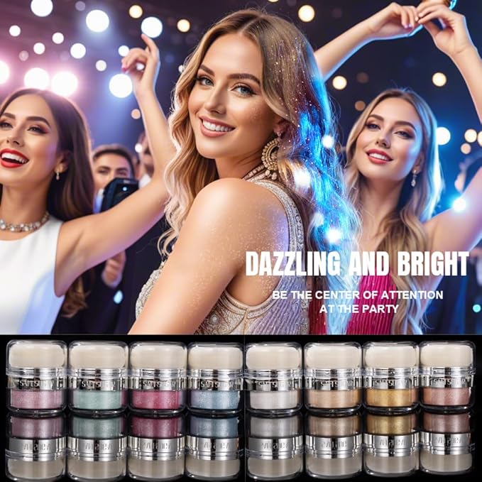 Glitter Body Highlighter Powder Body Shimmer Sparkle Face Brightening Highlighter Powder for Face Eyes Body Glow Makeup With sponge head（07#）