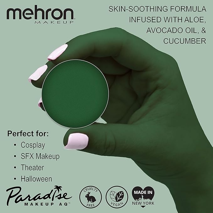 Mehron Makeup Paradise Makeup AQ Refill Size | Stage & Screen, Face & Body Painting, Cosplay, and Halloween | Water Activated Face Paint, Body Paint, Cosplay Makeup .25 oz (7 ml) (DARK GREEN)