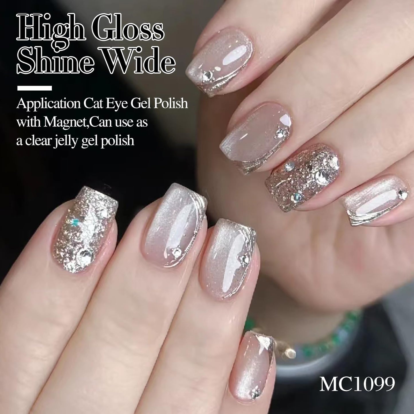 Double Rhythm Jelly Glass Cat Eye Gel Polish with Magnet 15ML Holographic Glitter Shimmer Translucent Sheer Color Magnetic Nail Polish Salon DIY at Home (Jelly Silver-MC1099)