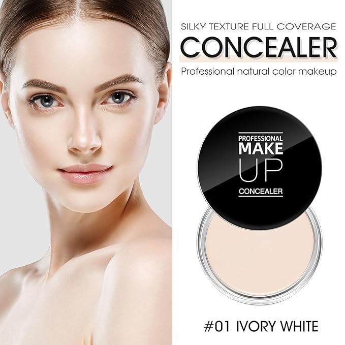 Cream Concealer Full Coverage Makeup, Matte Color Correcting Concealer with Brush, Waterproof, Conceals Blemish, Pores and Spots, Under Eye Makeup Concealer for Dark Circles (#01 IVORY WHITE)