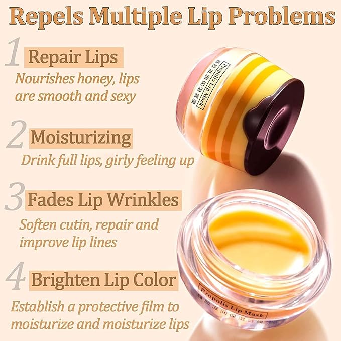 4 PCS Bee Lip Balm Honey Pot, Honey Lip Mask Vitamin E & Moisturizing Propolis Sleeping Lip Mask Prevention Dry and Cracked Lip Scrubs Exfoliator (2 honey)