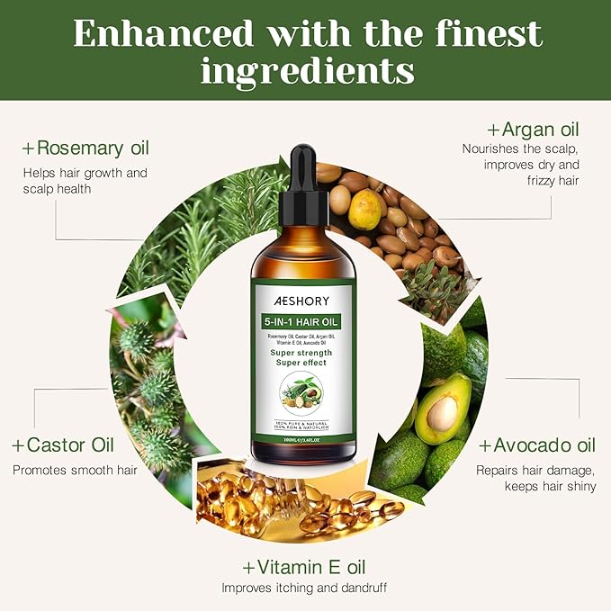 Aeshory Hair Oil - 5 IN 1 Hair Care Oil with Rosemary, Castor, Argan, Vitamin E, and Avocado for Hair Growth and Strengthening - Nourishing and Volumizing 3.38 fl oz