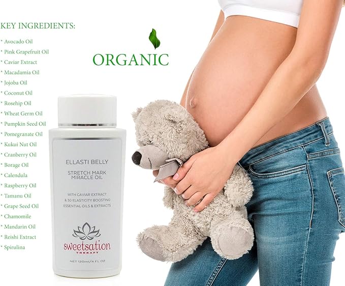 Sweetsation Therapy- Organic EllastiBelly Stretch Mark Miracle Oil, 4oz. Stretch Marks Prevention in Pregnancy With Omega 3,6,9, Vitamins,Amino Acids, 30+ Extracts to Boost Elasticity