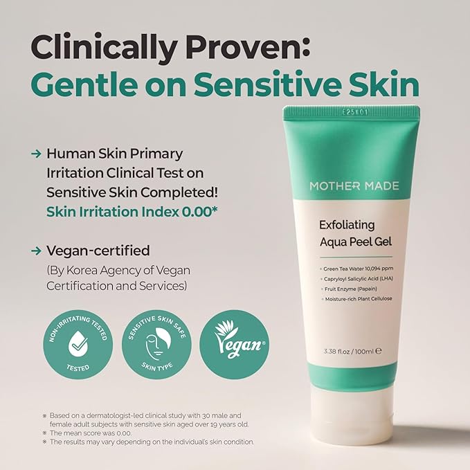 MOTHER MADE LHA Green Tea Exfoliating Aqua Peel Gel, Deep Pore Face Exfoliant, Gentle Facial Exfoliator, Dead Skin Remover, Natural Cellulose for Peeling, Vegan, Korean Skincare (100ml / 3.38 fl.oz)