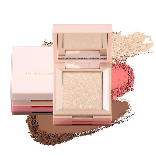 3 in 1 Contour Highlighter Blush Makeup Palette, Shimmer Matte 3 Colors Pigmented Brighten Highlighting Bronzer Blusher Eyeshadow Pallet, Long Lasting Shaping Full Face Eyes Makeup kit with Mirror