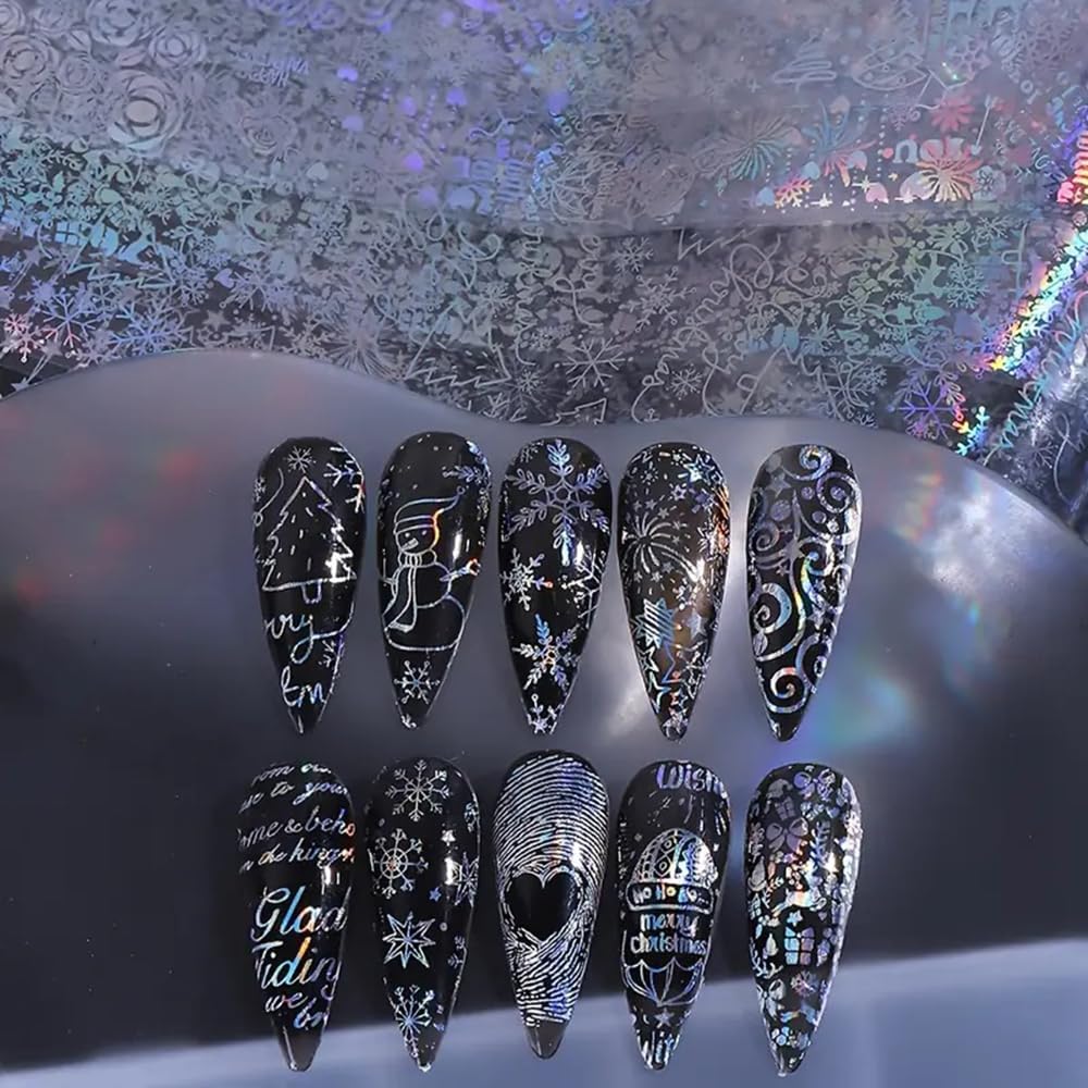 1Box 10 Rolls Laser Silvery Snowflake Nail Art Transfer Stickers 3D Christmas Tree Snowman ELK Starry Sky Paper Decals Rose Letter Gift Manicure Supplies Christmas Nail Foil Transfer Stickers Decals