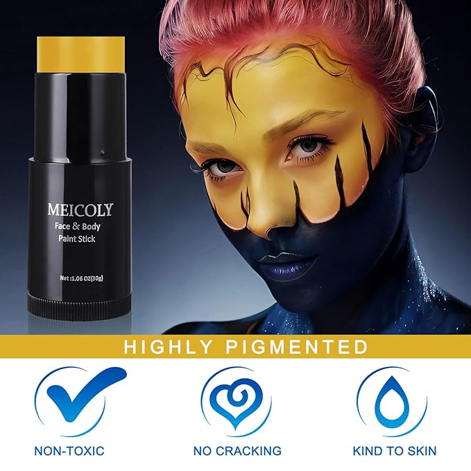 MEICOLY Yellow Face Body Paint Stick(1.06 Oz),Sally Makeup Dress Face Paint,Cream Blendable Body Paint Stick,Sweatproof Waterproof Ginger Tan Face Paint for Halloween Special Effects SFX Cosplay