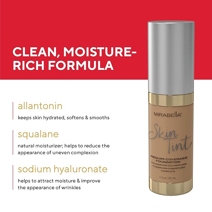 Mirabella Skin Tint Creme Liquid Foundation Makeup, Oil-Free Mineral Foundation for Medium Coverage - w/Hyaluronic Acid, Squalane, & Allantoin for All Skin Types - IN Neutral