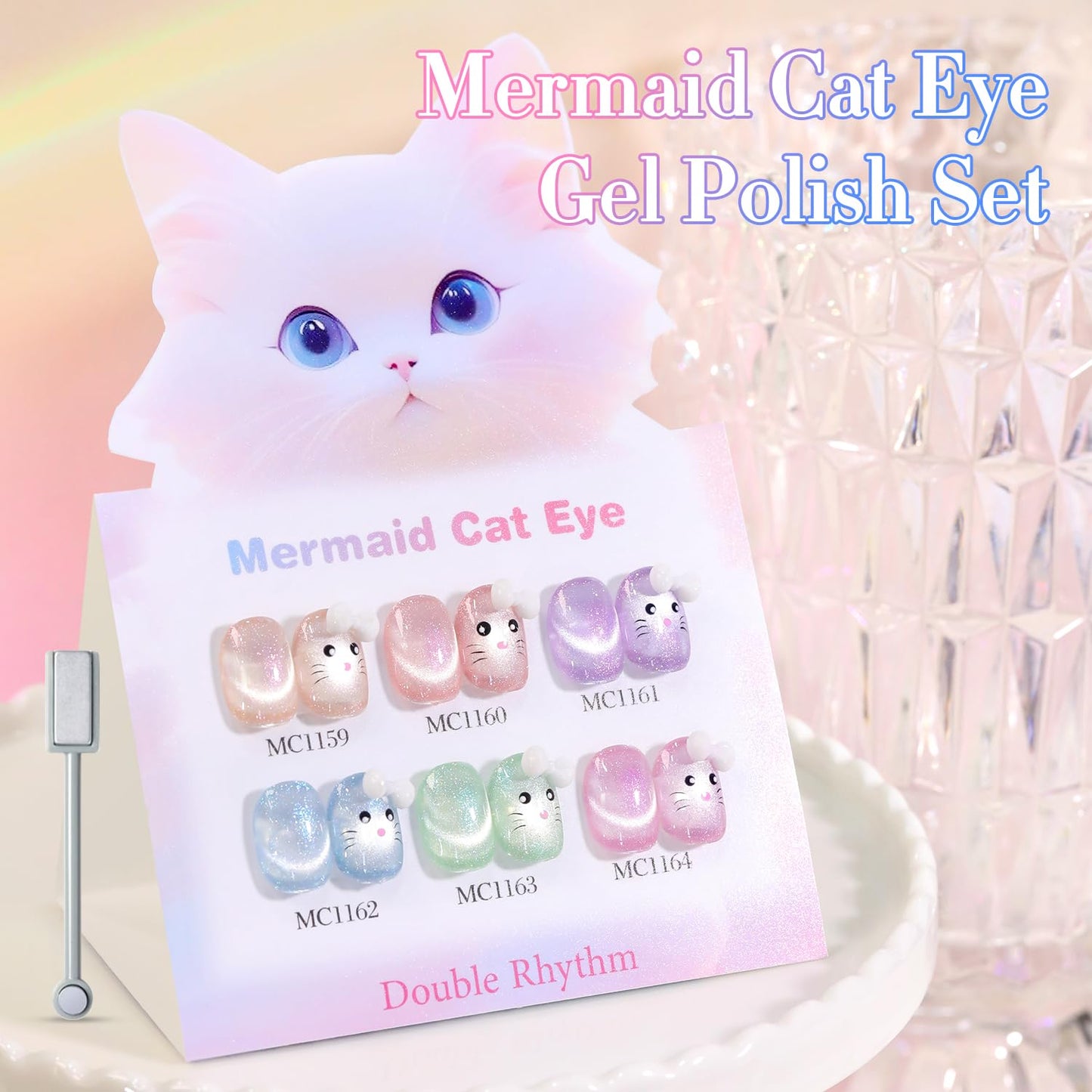 Double Rhythm 6 Colors Cat Eye Gel Polish Set Shimmer Glitter with Magnet Holographic Reflective Magnetic UV Nail Art Kit (6-Kit-48)