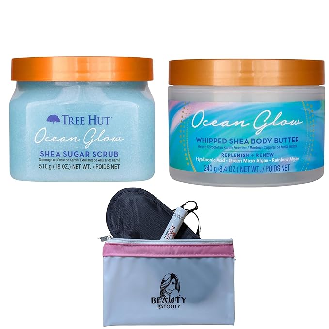 Ocean Glow Shea Sugar Scrub And Whipped Shea Body Butter Bundled With Beauty Patooty Self-Care Kit - Makeup Bag, Lip Balm, And Sleep Mask