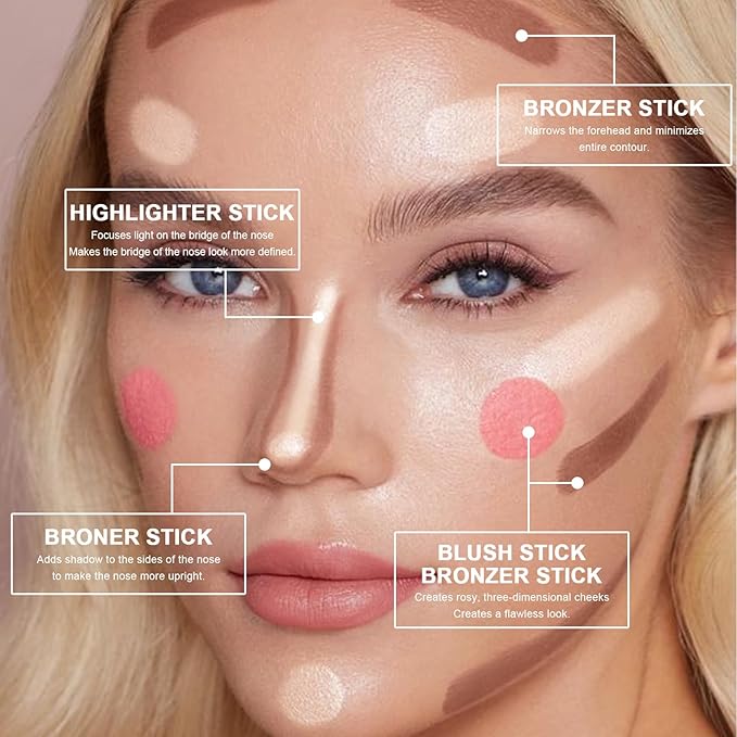 3 Colors Cream Contour Stick, Shades with Highlighter Stick,Blush Stick and Bronzer Contour Stick for Sculpt the Cheeks,Long Lasting,Waterproof,Matte & Dewy Finish for Women (LIGHT(1+3+4))