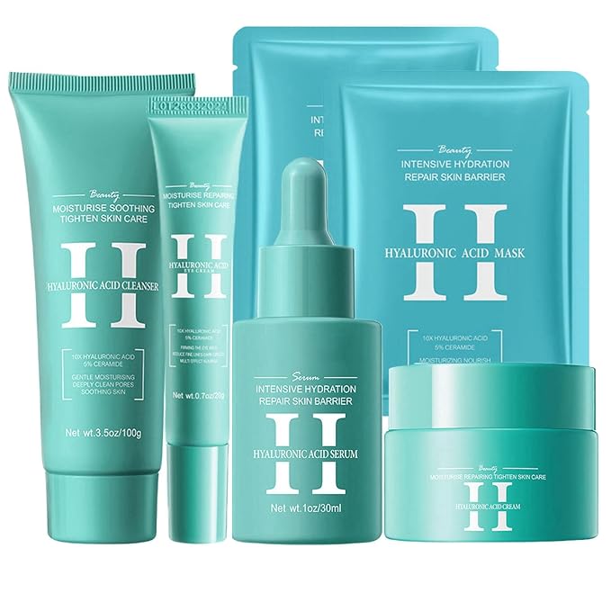 Hyaluronic-Acid Skincare Set, Skin Care Kit For Women, Skincare Gift Set, 6pcs Facial Kit For Women With Cleanser, Face Serum, Face Moisturizer, Eye Cream & Face Mask, Clean, Soft, And Plump