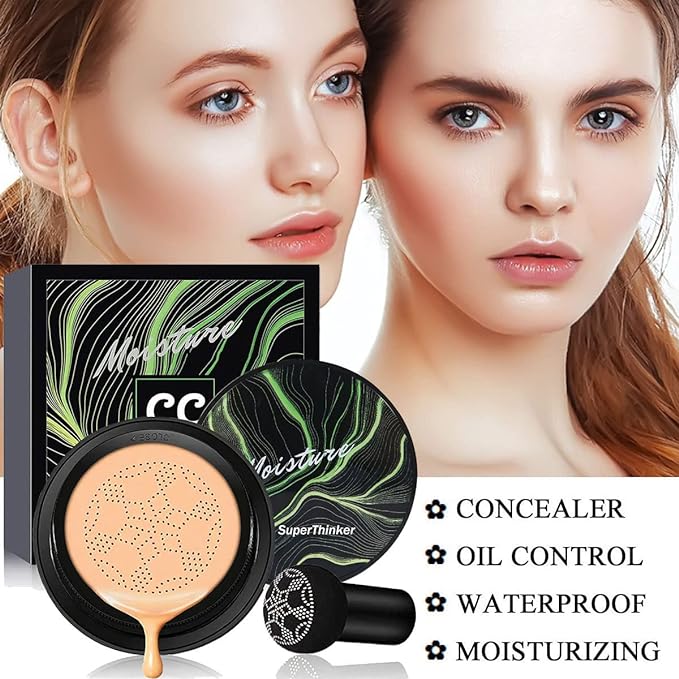 Air Cushion CC Cream Mushroom Head Cushion Foundation, BB Cream Face Makeup for Mature Skin Moisturizing Concealer Brighten Long-Lasting, Even Skin Tone for All Skin Types (Buff Beige)