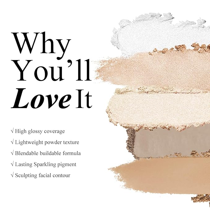 KYDA Face Highlighter Palette, High Glossy Face Illuminator Palette, Natural Glow Finish, Pearl Shimmer Smooth Baked Powder, Lasting Sparkling Highlighter Makeup-PEARL