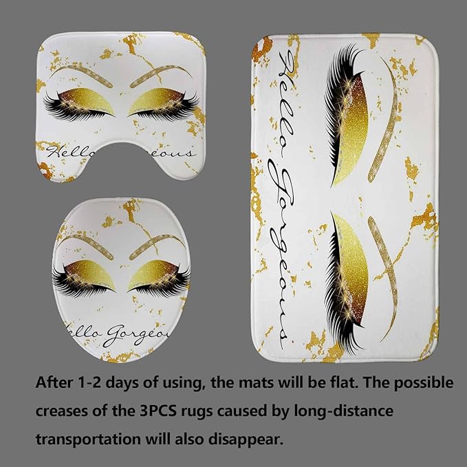 4PCS Hello Gorgeous Unicorn Eyelash Shower Curtain Set with Rugs, Luxury Diamond Gold Glitter Eyebrow Eyeshadow Makeup White Marble Glam Modern Fashion Women Bathroom Decor, Hello Gorgeous