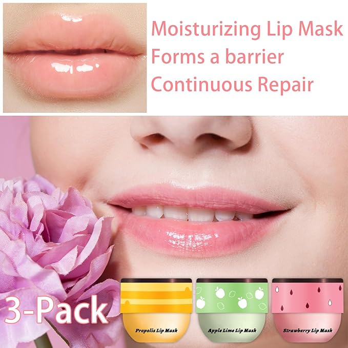 3 PCS Bee Lip Balm Honey Pot, Honey & Strawberry & Apple Lime Lip Mask Overnight Propolis Moisturizing Lip Balm Hydrating Prevention Dry and Crack Lip Scrubs Exfoliator Lip Wrinkle Care (Set A)