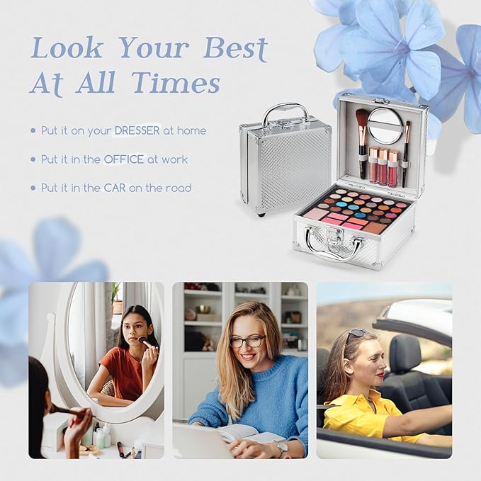 Color Nymph Beginner Makeup Kit For Teens With The Small Cosmetic Train Case Included 24-Colors Eyeshadow Palette Blushes Bronzer Highlighter Lipstick Brushes Mirror(Silver)