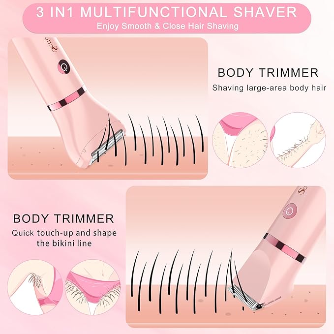 Electric Lady Shaver for Women - Painless Razor, Bikini Trimmer, Facial Hair Removal, Body Trimmer for Face, Legs, Underarm, Pubic - Wet and Dry Flawless 3 in 1