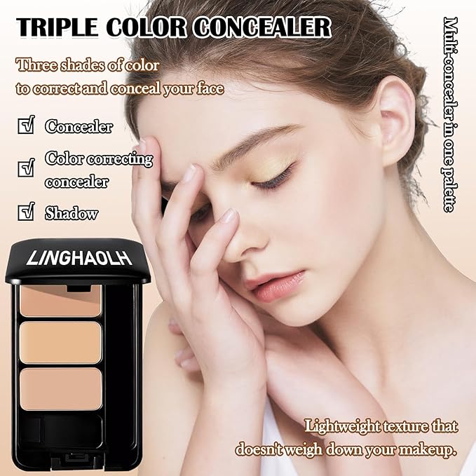 3 Colors Corrector Palette,Full Coverage Cream Concealer Liquid Foundation with Brush,Waterproof Color Correcting Concealer Long Lasting Foundation Contour Makeup Palette for Women