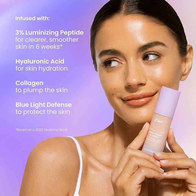 JOAH Crystal Glow Peptide-Infused Foundation, 2-in-1 Multitasking Korean Makeup with Blurring Face Primer, Luminizer, Hydration & Skin Defense for a Flawless Finish, 1.01 Oz, Light Medium Neutral
