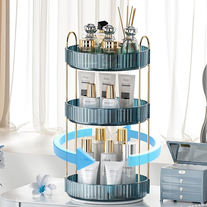 360° Rotating Makeup Organizer, Bathroom Organizers and Storage Holder Rack, Large Capacity Vanity Shelf Countertop, Fits Cosmetics, Perfume, Skin Care(Blue, 3 Tiers)