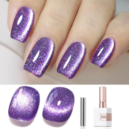 Double Rhythm Cat Eye Gel Polish with Magnet 15ML Jelly Glass Holographic Glitter Shimmer Translucent Sheer Color Magnetic Gel Polish Salon DIY at Home (Dark Purple-MC1066)