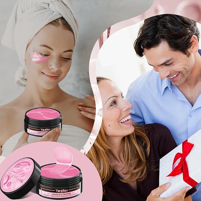 60 Pcs Pink Under Eye Patches with 5 Pieces Travel 24K Gold Eye Mask, 30 Pairs Undereye Mask for Dark Circles Puffy Eye Treatment, Collagen Gel Pads Hydrating for Eye Bag Puffiness Wrinkle