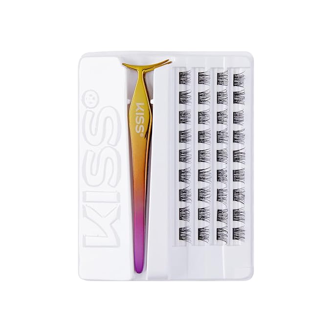 KISS imPRESS Falsies Press On Self Adhesive Eyelashes, 12mm-14mm Natural Volume Press On Lashes, Black, No Glue Needed, Invisible Band, 20 Lash Clusters & Non-Stick Applicator - Natural