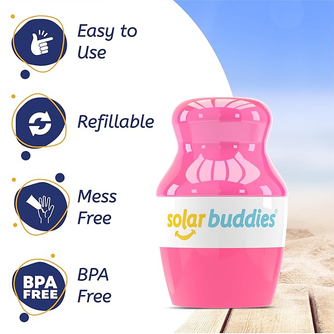 Solar Buddies Sunscreen Applicator - Single Full Pink - Refillable Roll on Sponge Sunscreen, Suncream & Lotion Applicator For Kids, Adults & Families - Holds 3.4fl oz, Perfect Size for Travel