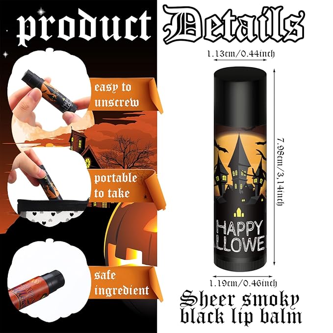 48 Pcs Halloween Spooky Lip Balm Gifts Bulk Black Lip Moisturizers Makeup Lipstick Ghost Spiderweb Skull Bat, Honey Flavor for Halloween Party Treat Bag Stuffers Women Men Adults