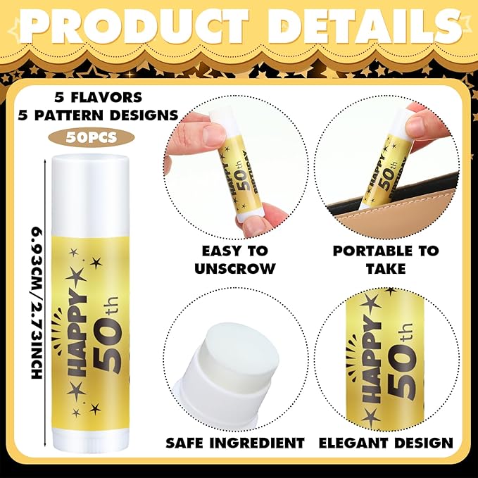 50 Sets Birthday Favors Lip Balm Gifts Bulk Moisturizing Lip Balm with 50 Organza Drawstring Gift Bag 50 Tags Birthday Party Supplies Gifts Bulk for Men and Woman (50th Birthday)