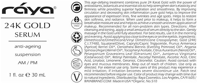 RAYA 24K Gold Anti-Aging Suspension (510) | Anti-Aging Facial Treatment Serum for All Skin Types | Made with Pure 24 Karat Gold | Softens and Helps Reduce Fine Lines and Wrinkles