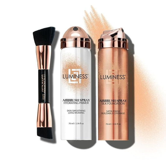 LUMINESS Airbrush Spray Silk Foundation Starter Kit - Light Medium - Foundation, Primer & Dual-Sided Angled Buffing Brush - Medium, Buildable Coverage, Anti-Aging Formula Hydrates & Moisturizes