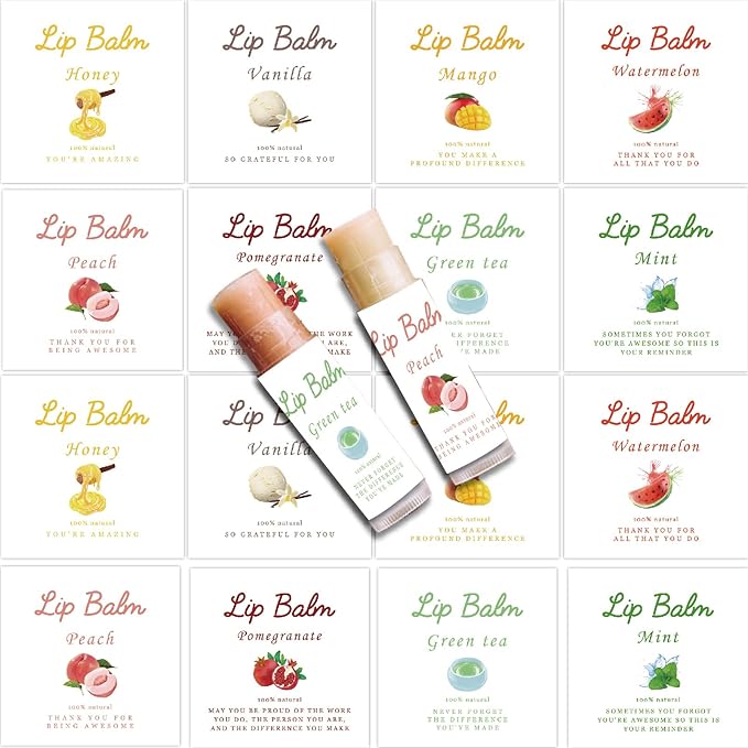 CRASPIRE 80Pcs 8 Styles Labels for Lip Balm Coated Paper Paster Honey Fruit Square Tubes Lip Balm Labels Stickers Natural Homemade Self-adhesive Stickers Logo for Containers Cosmetics Lipsticks