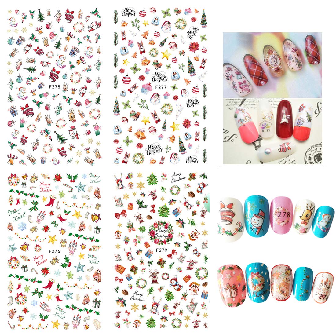 1000 Patterns Christmas nail art sticker decals, Kalolary Self-Adhesive Nail Stickers Santa Claus Snowflake Snowman Christmas Bell Tree Stick Elk for Christams Nail Decoration Gift(12 Sheets)