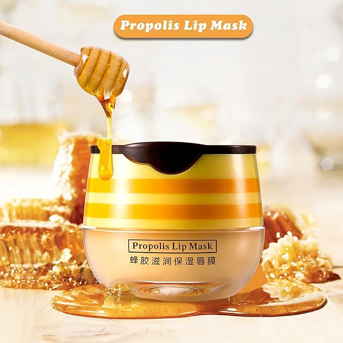 Bee Lip Balm Honey Pot, Exfoliating Honey Propolis Lip Mask, Hydrating & Prevention Dry and Cracked Lip Scrubs Exfoliator Lip Sleeping Mask Reduces Lip Lines Nourishing Lip Care Mask