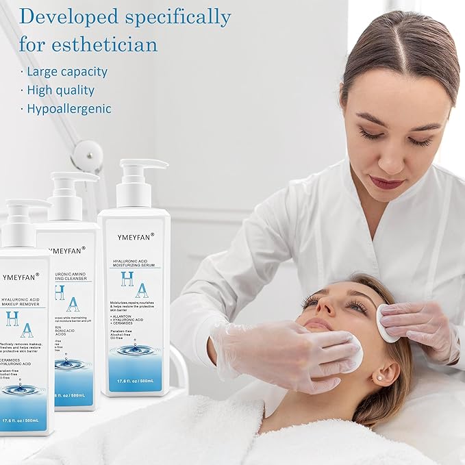 5 Step Skin Care Set, Large 17.6 Fl oz, All with Hyaluronic Acid Facial Skin Care Products, Makeup Remover, Cleanser, Toner, Serum, Lotion, Hydrating & Protect Skin, Sulfates & Paraben-Free