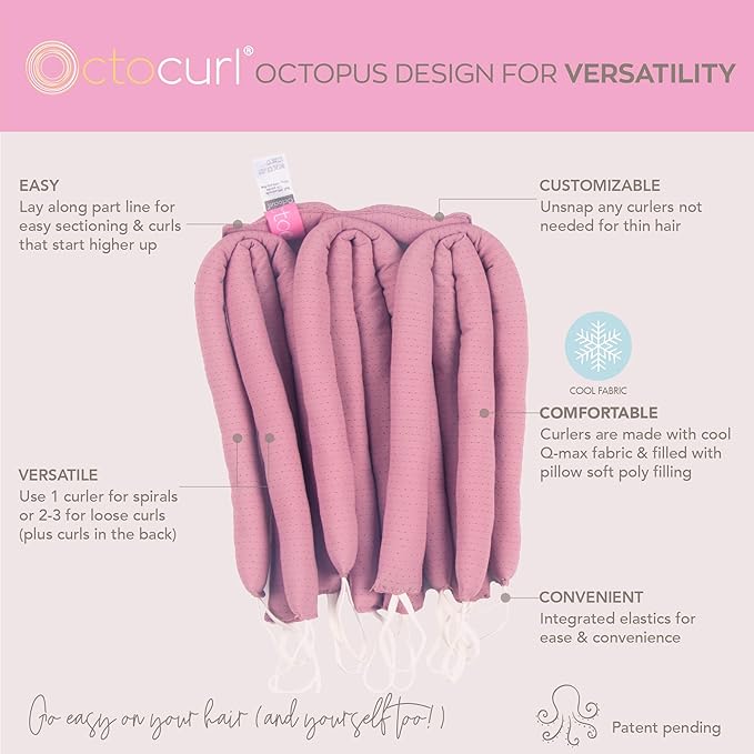 Octocurl Heatless Hair Curler - No Headband Octopus Curler - Overnight Curls for Medium Length Hair (QMax - Mauve)