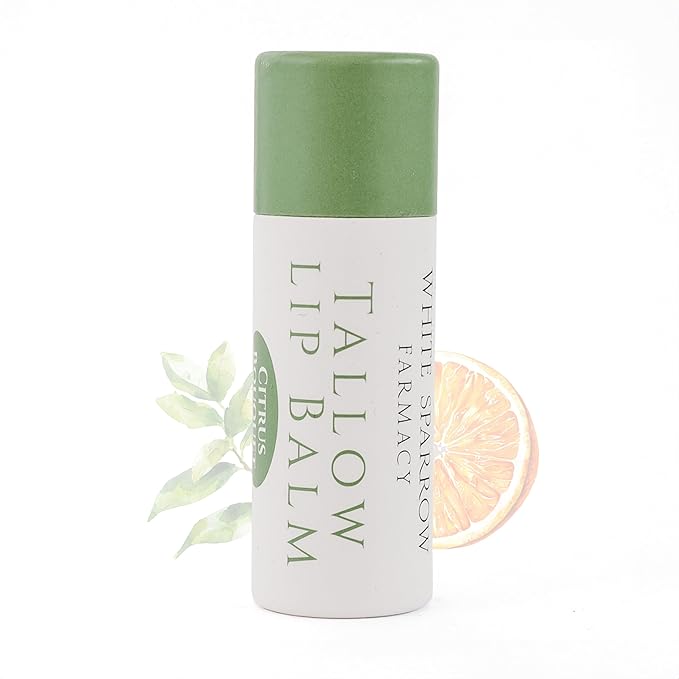 Organic Tallow Lip Balm (Citrus Bouquet) from 100% Grass Fed Cows. Super hydrating with Tallow, Olive Oil, Honey, and Beeswax. Sustainable Cardboard Tubes & Hand Filled. Jumbo Size 0.5 oz.