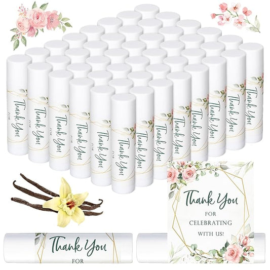 Whaline 60Pcs Thank You Gift Lip Balm Bulk Wedding Lip Balms Vanilla Flavor Floral Moisturizing Lip Care Guest Basket Gift Stuffer for Bridal Shower Baby Shower Birthday Party Favor Supplies