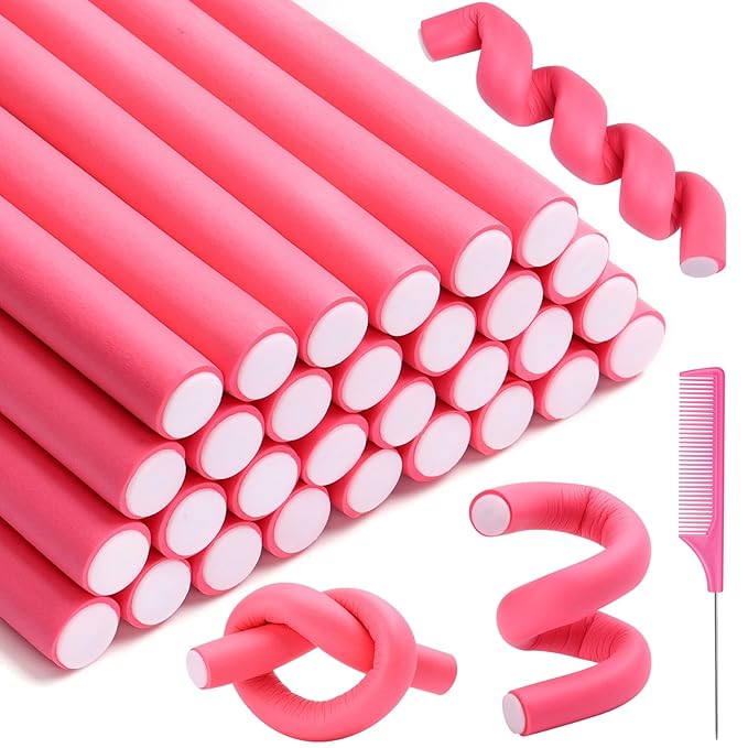 Selizo 30Pcs 9.45"x0.55" Flexible Hair Rollers, Foam Curlers for Short, Medium and Long Hair, No Heat Curlers, Hair Rods - Pink(Diameter 0.55')
