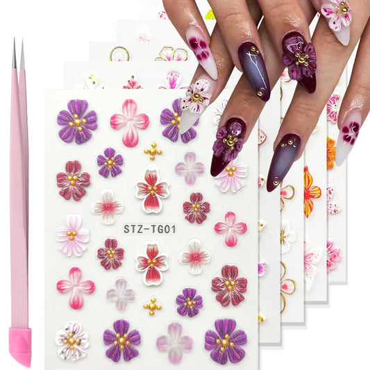 Flower Nail Art Stickers Decals 5D Embossed Nail Decals Spring Summer Pink Purple Nails Design Self-Adhesive Supplies Accessories 3D Flower for Women Nails DIY Decoration(5 Sheets)