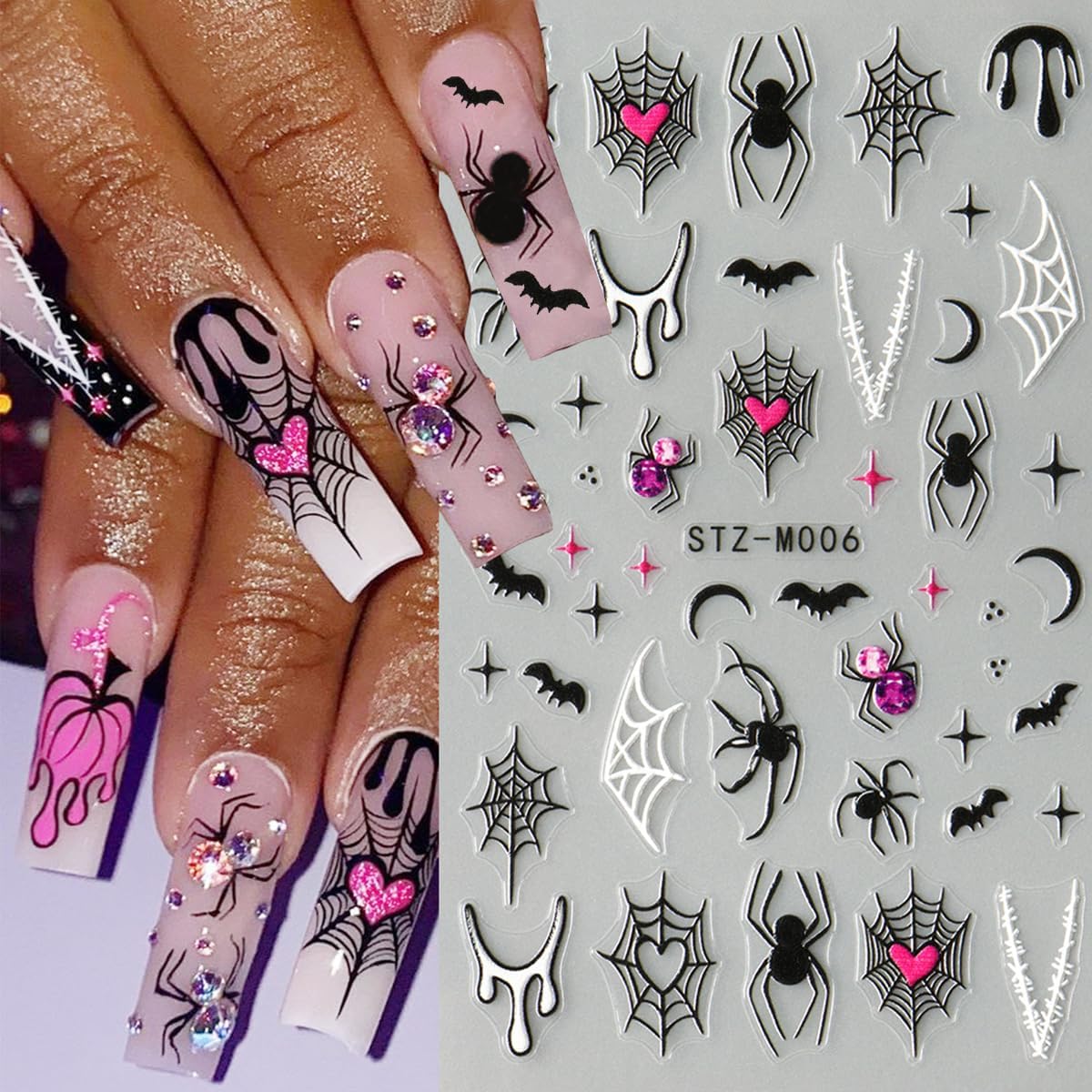 6Pcs Halloween Nail Stickers for Nail Art, Bat Spiders Nail Art Stickers Spider Web Black Rose Skull Ghost Nails Design Decals Halloween Nail Supplies for Women DIY Manicure Decoration Accessories