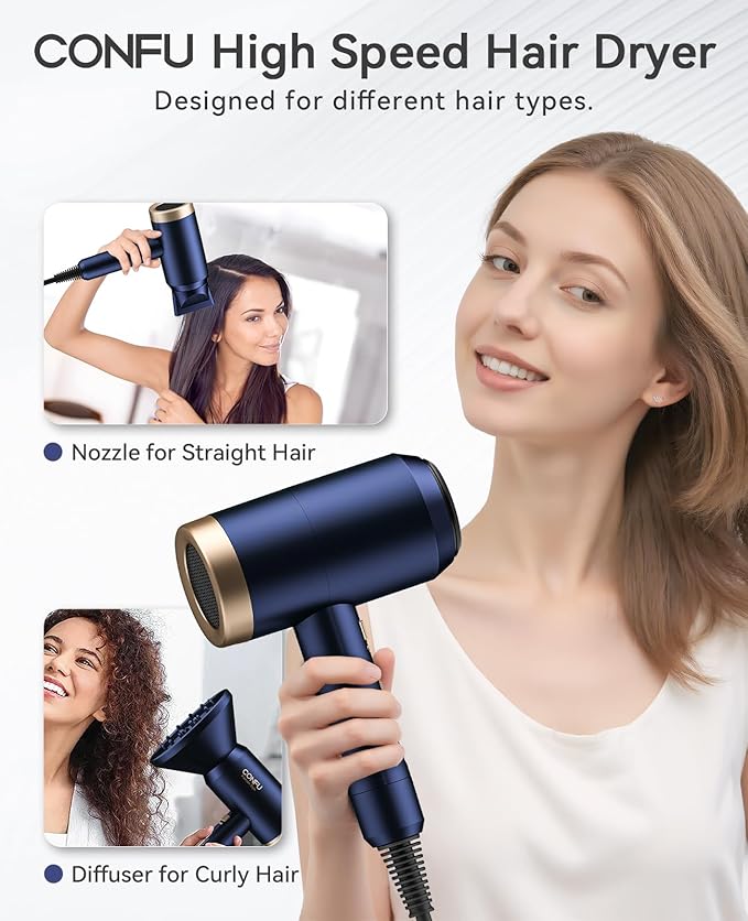 Hair Dryers for Women, CONFU Hair Dryer with Diffuser, Blow Dryers for Men, Hairdryer with Diffuser Attachment, Portable Lightweight Fast Drying Negative Ion Hairdryer for Home