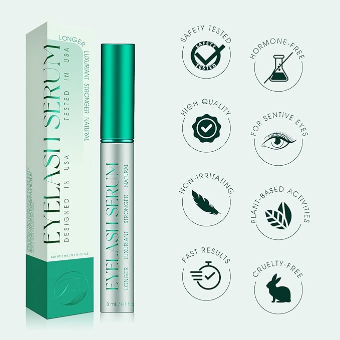 Eyelash Growth Serum: Promotes natural lash growth for longer, thicker, and stronger lashes while nourishing lash health. Vegan, cruelty-free & gentle on sensitive eyes. 3mL (2-month supply)