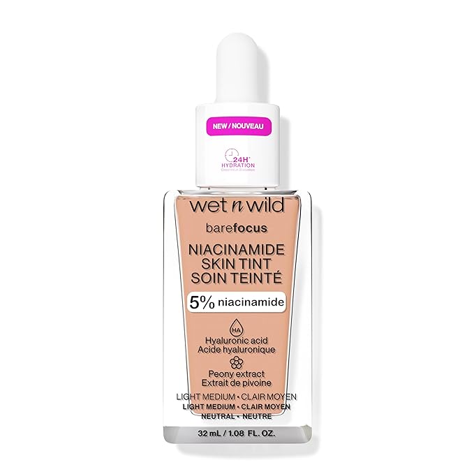 wet n wild Bare Focus Skin Tint, 5% Niacinamide Enriched,Buildable Sheer Lightweight Coverage,Natural Radiant Finish,Hyaluronic & Vitamin Hydration Boost,Cruelty-Free & Vegan-Light Medium Sand