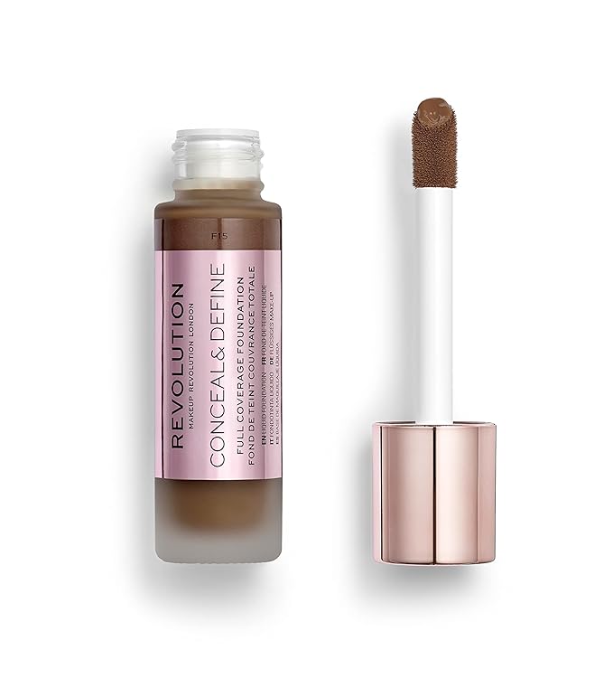 Makeup Revolution Conceal and Define Foundation, Full Coverage & Matte Finish, F15 for Dark Skin Tones, Vegan & Cruelty-Free, 0.7 Fl Oz